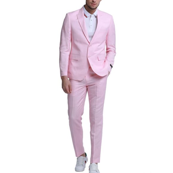 Pink Linen 2 Piece Peak Lapel Skinny Fit Men's Suit - Picture 1 of 1